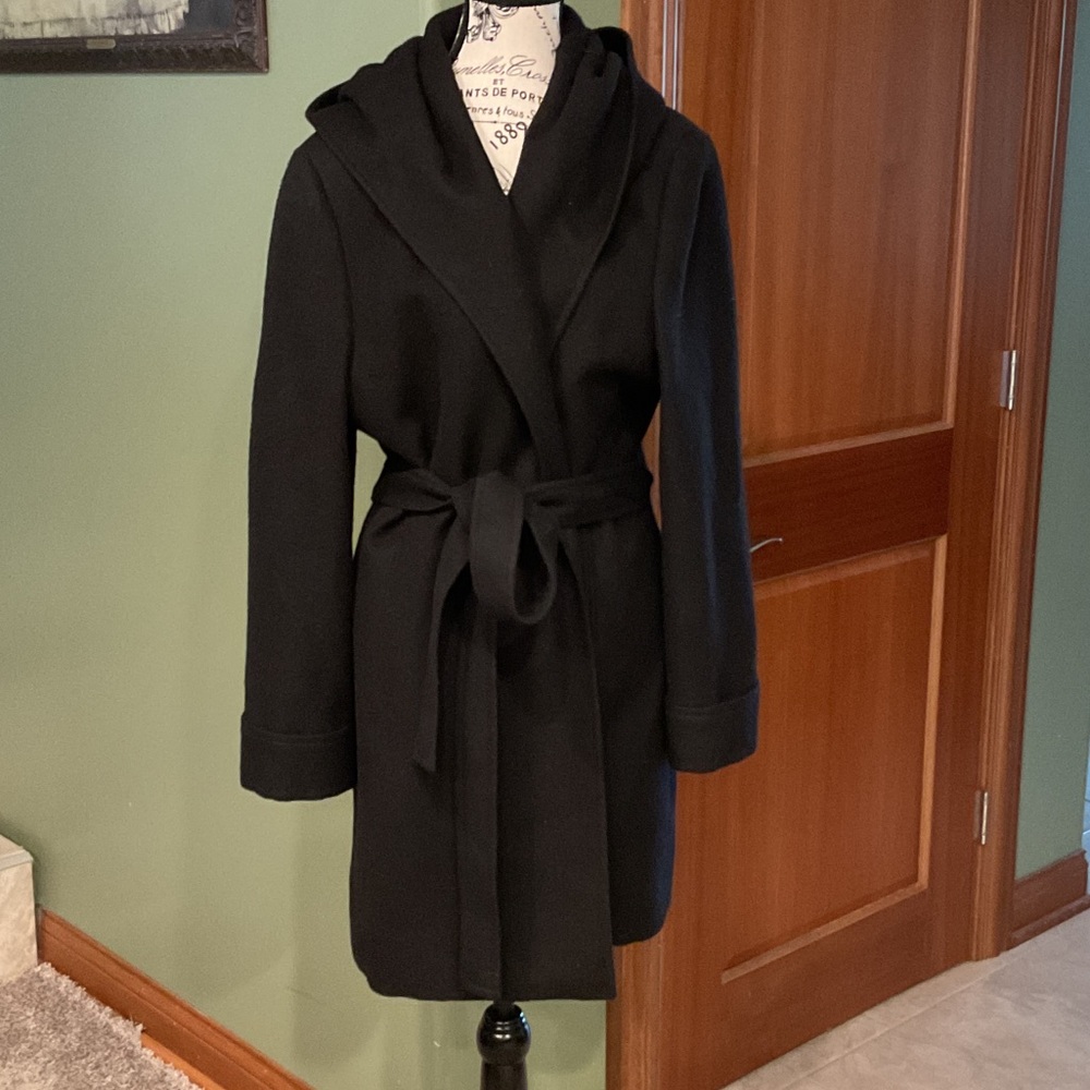 Chic Black Hooded Wool Coat, Size 12